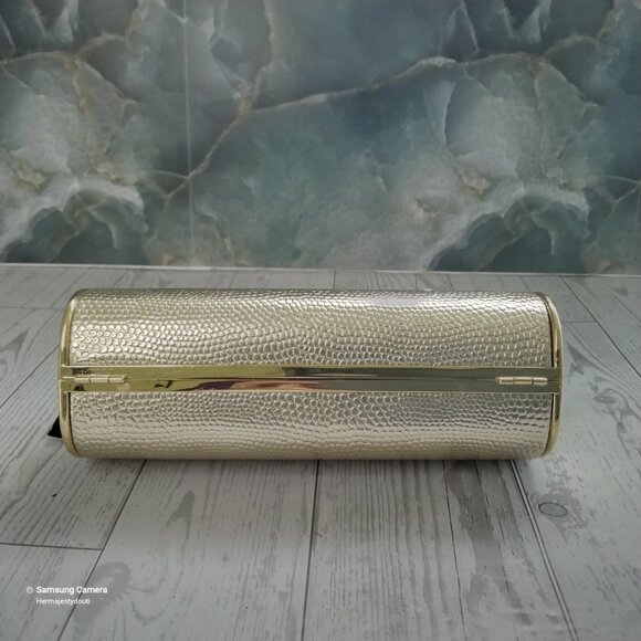 3-Way Gold Clutch Evening Bag Solid Handle Crystal Latch Removable Chain Strap - Picture 6 of 8